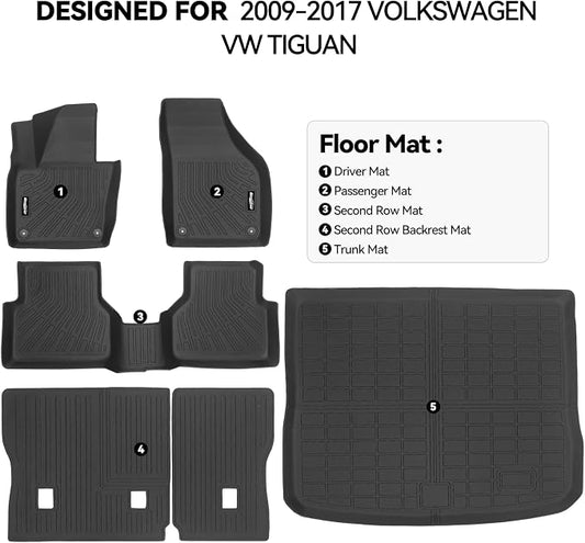Floor Mats for Volkswagen VW Tiguan 2009-2017, Trunk Mat and Backrest Mat All Weather TPE Protector for Volkswagen VW Tiguan Accessories