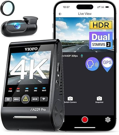 VIOFO A229 Pro 4K HDR Dash Cam, Dual STARVIS 2 IMX678 IMX675, 4K+2K Front and Rear Car Camera, 2 Channel with HDR, Voice Control, 5GHz WiFi GPS, Night Vision 2.0, 24H Parking Mode