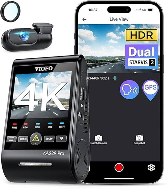VIOFO A229 Pro 4K HDR Dash Cam, Dual STARVIS 2 IMX678 IMX675, 4K+2K Front and Rear Car Camera, 2 Channel with HDR, Voice Control, 5GHz WiFi GPS, Night Vision 2.0, 24H Parking Mode