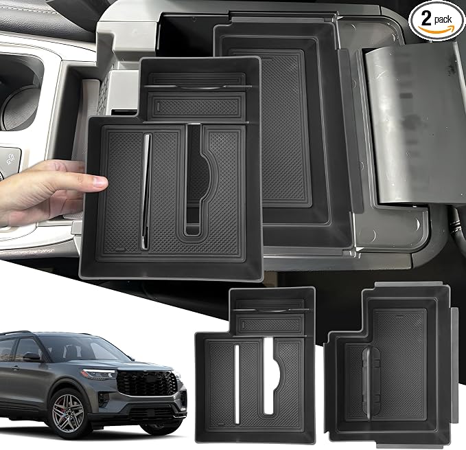 SXCY 2PCS for 2025 2026 Ford Explorer Center Console Organizer 2020-2024 2025 2026 Explorer Accessories 2024 2025 2026 Explorer Armrest Console Tray(Updated Double Layers with Tissue Storage Funtion)