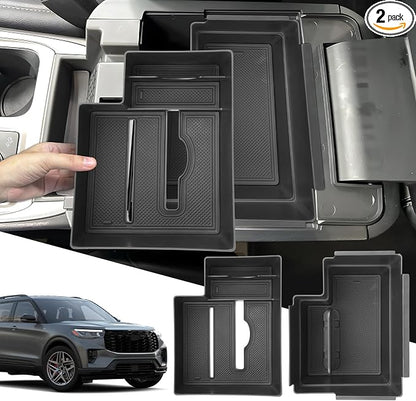 SXCY 2PCS for 2025 2026 Ford Explorer Center Console Organizer 2020-2024 2025 2026 Explorer Accessories 2024 2025 2026 Explorer Armrest Console Tray(Updated Double Layers with Tissue Storage Funtion)
