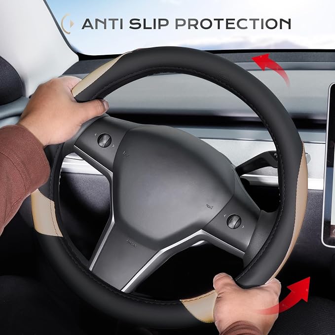 Coverado Nappa Leather Steering Wheel Cover Universal 14-15 Inch Anti-Slip Breathable Steering Wheel Protector Luxury Auto Decor for Men Women Black Brown