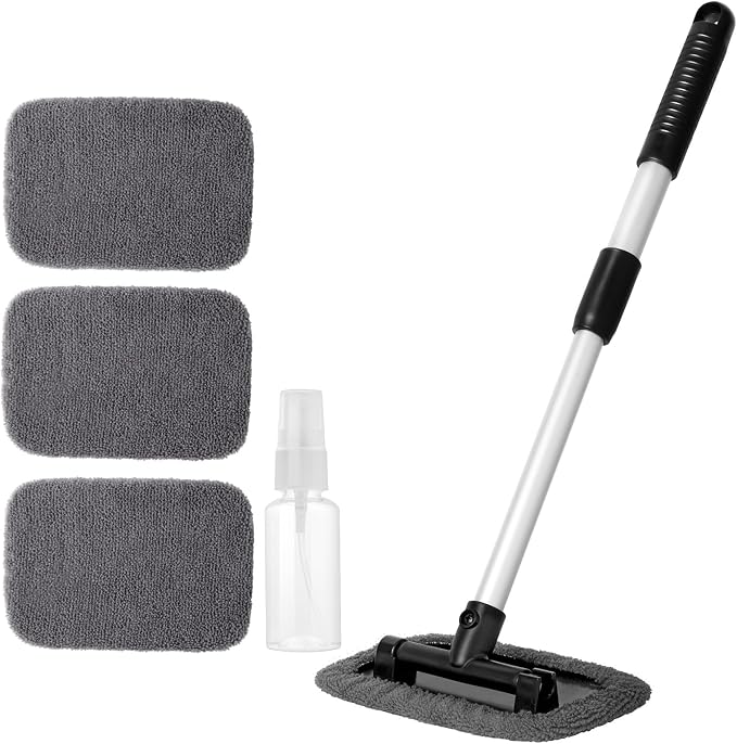 Qydipclin 11pcs Windshield Cleaner Tool, Car Window Cleaning Wash Kit with 6 Reusable Microfiber Pads 2 Spray Bottles and Extendable Handles Auto Glass Wiper Kit, Gray