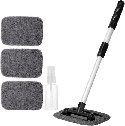 Qydipclin 11pcs Windshield Cleaner Tool, Car Window Cleaning Wash Kit with 6 Reusable Microfiber Pads 2 Spray Bottles and Extendable Handles Auto Glass Wiper Kit, Gray
