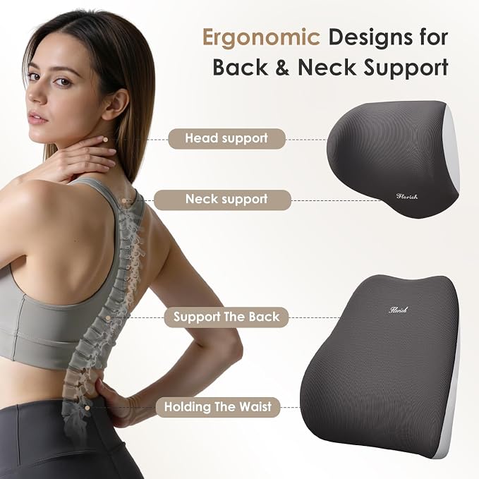 FLORICH Car Seat Cushion & Lumbar Support Pillow & Car Neck Pillow, Ergonomic Memory Foam Driving Seat Cushion for Back & Sciatica Pain Relief, Non-Slip Washable Cushion for Car, Driver, Office-Gray