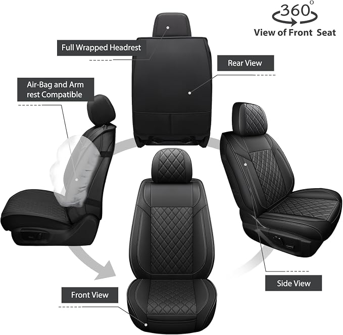 FREESOO Car Seat Covers Full Set for Dodge Ram 2002-2018 1500 & 2011-2026 2500 3500 Crew Quad Cab, 2019-2024 Ram 1500 Classic Leather Seat Cover, with Curved Bench, Black