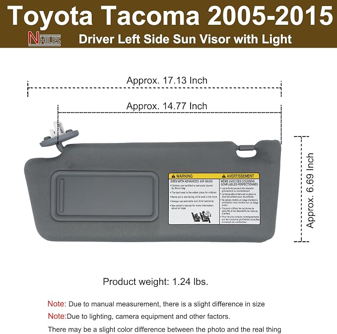 NHILES Driver Left Side Sun Visor Replacement Fits for Toyota Tacoma 2005-2015 Sunshade with Light 7432004210B0 Color Dark Gray