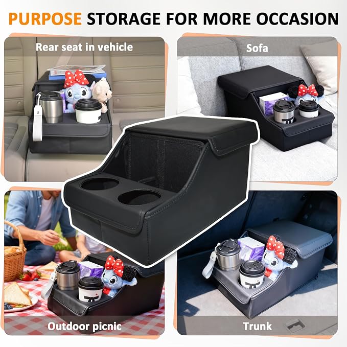 Backseat Car Organizer, Middle Seat Organizer With 4 Storage Compartments 2 Cup Holders, Back Seat Center Hand Rest Toy Storage for Toddler Kids Family Travel Roadtrip Essentials for SUV Truck Van