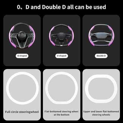 Carbon Fiber Steering Wheel Cover, 2-Piece Set Anti-Skid Comfortable Grip Segmented Butterfly Design, Easy Snap-On Installation Universal Fit 99% Cars, Pink