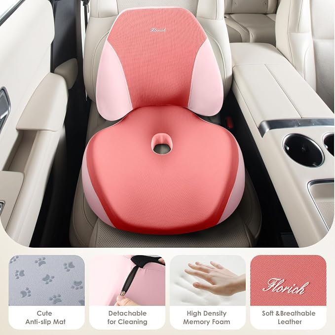 FLORICH Upgraded Ergonomic Memory Foam Car Seat Cushion with Lumbar Support, Non-Slip, Washable Driving Seat Cushion for Back & Sciatica Pain Relief, Large Car Seat Cushion Driver, Office-Pink