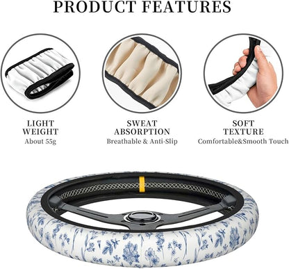 Vintage Blue Flower Steering Wheel Cover Car Decor