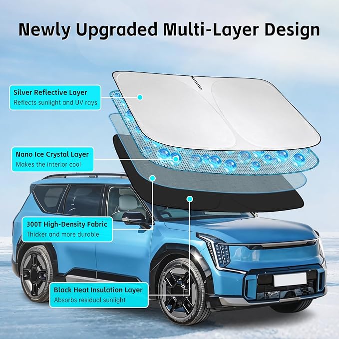 Windshield Sun Shade for Kia EV9 2024-2026 Sunshade 300T Windshield Cover Shield Protector Blocks UV Rays Custom Fit EV9 Front Window Shades Windshield Accessories Keep Cool Foldable