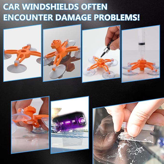 Brennenstuhl Windshield Repair Kit for Chips and Cracks, Rock Chip Repair Kit Windshield, for All Car Windshield Crack Repair Kit to Repair Scratches, with Curing and Pressurizing Device (Orange)