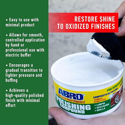 ABRO Polishing Compound 10 oz — Car Polish & Scratch Remover for Vehicles, Swirl Marks, Oxidized Paint, Scuffs, Buffing, Gloss Restoration & Auto Detailing
