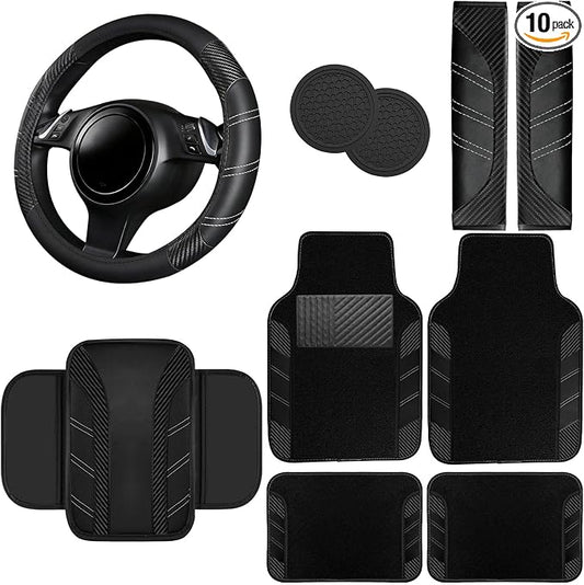 NBTEPEM 10 Pcs Car Floor Mats Full Set & Sport Leather Steering Wheel Cover 14.5-15 inch, Center Console Cover, Seat Belt Cushion, Cup Holder Coaster, Universal Automobile Interior Sets (Black)