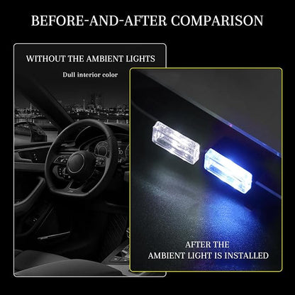4 PCS USB LED Car Interior Atmosphere Lamp, Portable Mini Auto LED Decor Night Light, Plug-in USB Interface Ambient Lighting Kit, Universal Car Interior Accessories(White+Blue)
