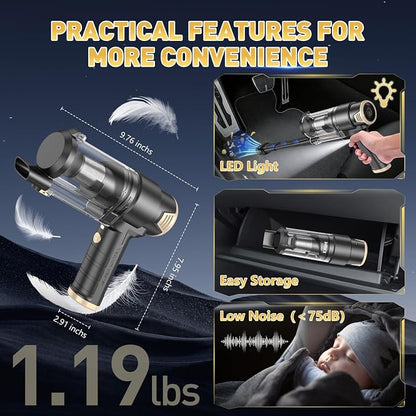 KMM Handheld Car Vacuum Cleaner, 16000PA Air Duster & Vacuum Cleaner, 120W High Power Hand Held Vacuum Cordless, Portable Vacuum Rechargeable with Multi-Nozzles & LED Light for Car, Home, Pet, Office