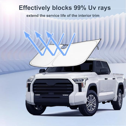 Windshield Sun Shade for 2022-2026 Toyota Tundra| Front Window Shade Sun Visor| 310T Reflective Polyester| UV Heat Insulation Protection| Foldable Sunshade with Storage Pouch| Outdoor Camping