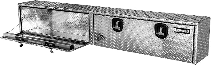 Buyers Products 1701561 Diamond Tread Aluminum Topsider Truck Box with Lockable T Handle Latch, 16x13x96 Inch, Truck Storage and Organizer, Made in the USA, Dual Drop Doors, Compression Latch