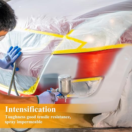 4 Pcs 9.8Ft x 65.6 Ft Plastic Painting Drop Film, Tape and Drape Dust Plastic Drop Cloth, Pre-Taped Masking Film for Automotive Painting Covering