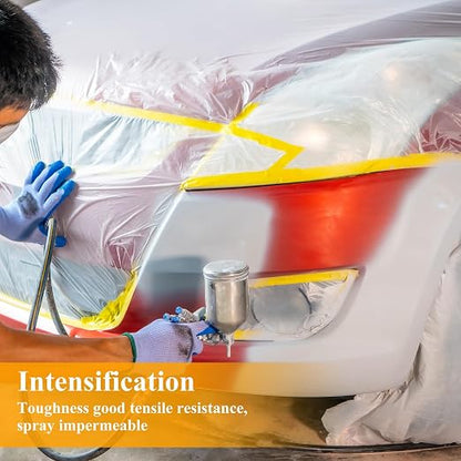 4 Pcs 9.8Ft x 65.6 Ft Plastic Painting Drop Film, Tape and Drape Dust Plastic Drop Cloth, Pre-Taped Masking Film for Automotive Painting Covering