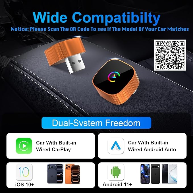 2-in-1 Wireless CarPlay for iPhone & Android Auto, Converts Wired to Wireless CarPlay, 2026 Upgrade, Faster & Stable Connection, Plug & Play, 1080P HD Display,Mini Size, Orange，USB-A & Type-C Port
