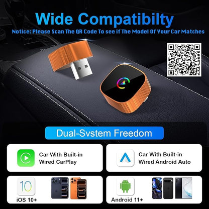 2-in-1 Wireless CarPlay for iPhone & Android Auto, Converts Wired to Wireless CarPlay, 2026 Upgrade, Faster & Stable Connection, Plug & Play, 1080P HD Display,Mini Size, Orange，USB-A & Type-C Port