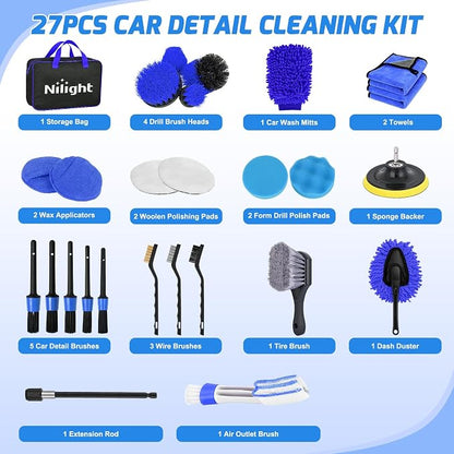 Nilight 27PCS Car Detailing Kit Auto Cleaning Tools Wash Set with Storage Carry Bag Home Use for Interior Exterior Deep Clean Polish Car Care Windshield Dashboard Seat Air Vents Wheels Tires, Blue