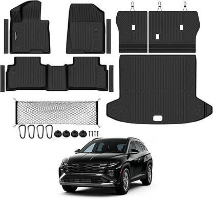 Tongama-Floor Mats for 2022-2026 Hyundai Tucson Gas, All Weather TPE Trunk Mat and Backrest Mats and Cargo Net and Door Sill Guards for Hyundai Tucson Floor Liner Accessories
