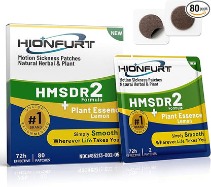 Hionfurt HMSDR2 80ct Motion Sickness Patches with Plant Essence – Lemon – Sea Sickness Patches for Cruise, Car, Airplane – Non-Drowsy, 72H Lasting