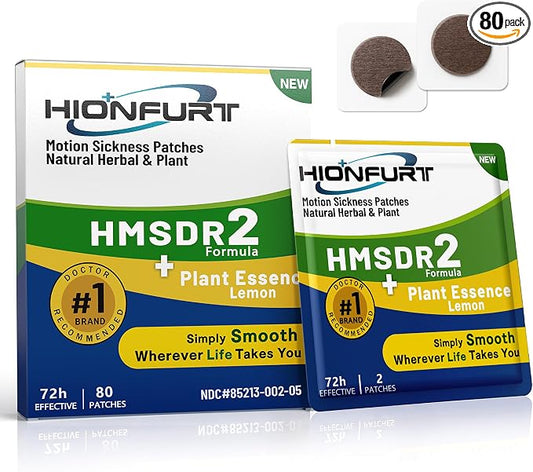 Hionfurt HMSDR2 80ct Motion Sickness Patches with Plant Essence – Lemon – Sea Sickness Patches for Cruise, Car, Airplane – Non-Drowsy, 72H Lasting