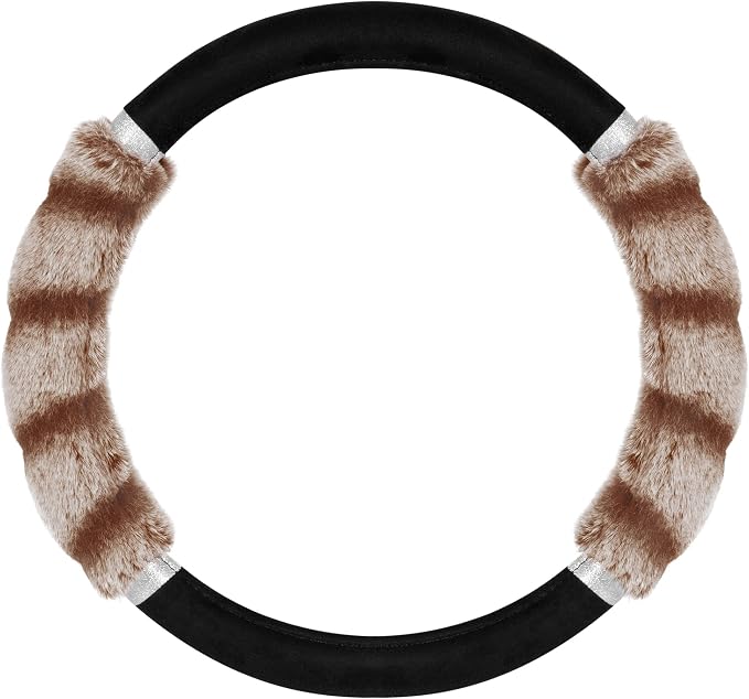 BDK Bear Fur Steering Wheel Cover, Plush Faux Fur Fuzzy Steering Cover for Car Truck Van SUV, Standard Size Fits Wheels 14.5-15 in Diameter, Two Tone Black/Brown with Glitter