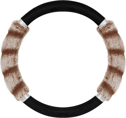 BDK Bear Fur Steering Wheel Cover, Plush Faux Fur Fuzzy Steering Cover for Car Truck Van SUV, Standard Size Fits Wheels 14.5-15 in Diameter, Two Tone Black/Brown with Glitter