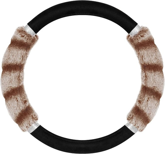 BDK Bear Fur Steering Wheel Cover, Plush Faux Fur Fuzzy Steering Cover for Car Truck Van SUV, Standard Size Fits Wheels 14.5-15 in Diameter, Two Tone Black/Brown with Glitter