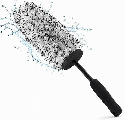 Long Handle Wheel Barrel Brush, Soft Microfiber Wheel Cleaner Brush, Non-Scratch Car Detailing Tool for Rim Cleaning and Tire Detailing (Black)