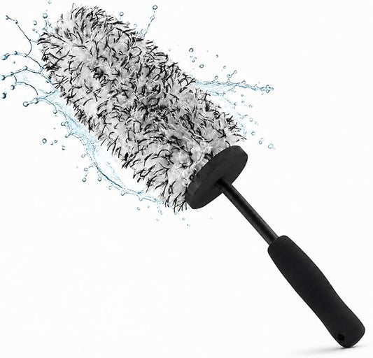 Long Handle Wheel Barrel Brush, Soft Microfiber Wheel Cleaner Brush, Non-Scratch Car Detailing Tool for Rim Cleaning and Tire Detailing (Black)