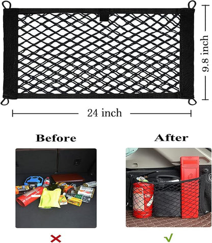 2 Pack Small Cargo Net Pocket Storage Mesh Net Elastic Automotive Cargo Nets Storage Pouch for Car Trunk Net, RV, Boat Storage Mesh Pocket Net with 8 Mounting Screws and Hooks (24 x 9.8 Inches)