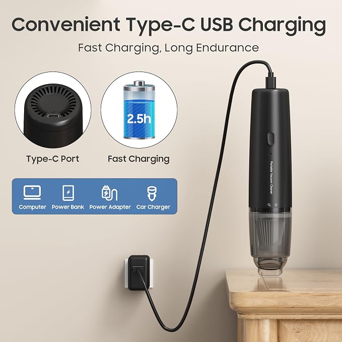Handheld Vacuum Cordless, Car Vacuum Portable with 2 Suction Modes, Blow & Suction 2-in-1, Mini Vacuum Cleaner Rechargeable for Car, Home, Pet Hair, Office, Desk, Keyboards (Black)