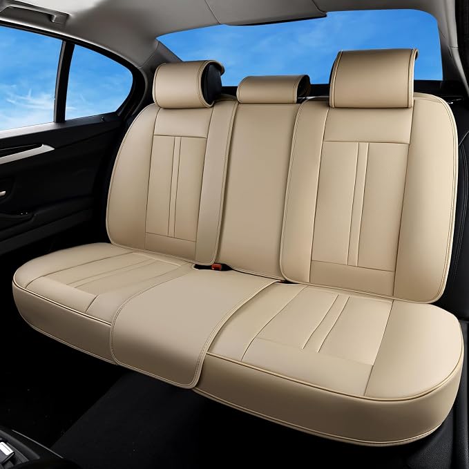 Huidasource Beige Back Seat Cover Luxury Nappa Leather, Rear Seat Cover with Velcro Adjustable, Ventilation Holes, Seat Belts, Child Seats, Car Back Seat Covers Fit for Most Cars SUV Trucks, Beige