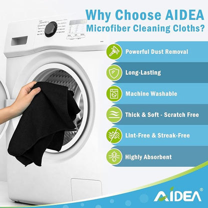 AIDEA Microfiber Cleaning Cloth-400PK, Soft Microfiber Towels for Cars, Absorbent Cleaning Rags, Lint-Free Streak-Free Wash Cloths for House, Kitchen, Window(12in.x12in), Black