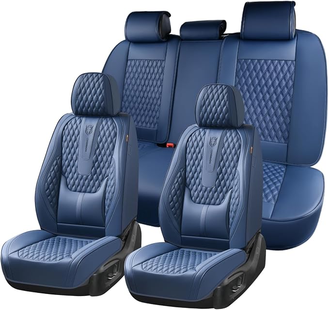Coverado Car Seat Covers Full Set, Nappa Leather Seat Covers for Car, Waterproof Car Seat Protector with Lumbar Support, Automotive Seat Covers Universal Fit for Most Cars SUV Trucks (Blue)