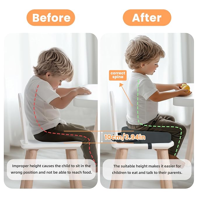Toddler Booster Seat for Dining Table, 4" Kids Booster Seat for Kitchen Chair with Non-Slip Bottom, Portable Detachable Washable Increasing Cushion with 2 Adjustable Straps (Grey)