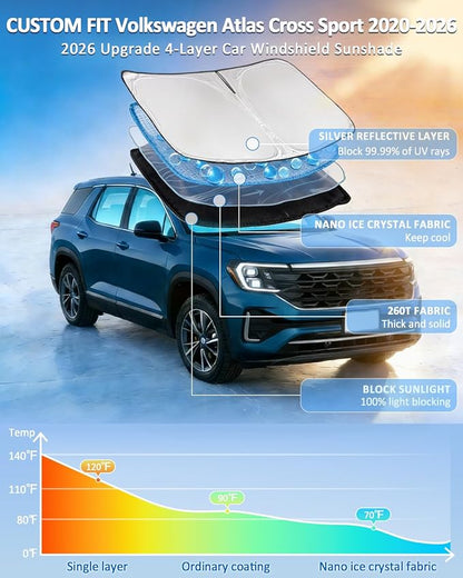 Windshield Sunshade for Volkswagen Atlas Cross Sport 2020-2026 Sun Shade Car Windshield Accessories Upgrade 4 Layers Blocks UV Rays Custom Fit Atlas Cross Sport 240T Keep Cool Foldable