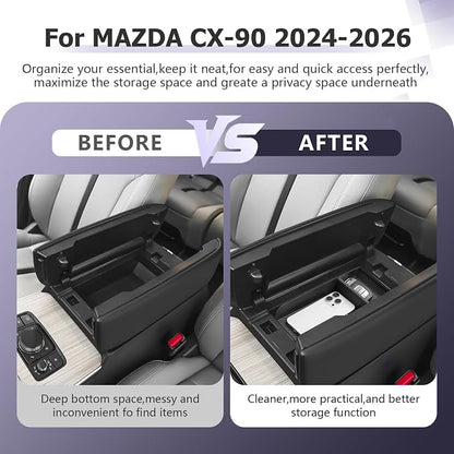 LUWU CX-90 2026 Accessories Compatible with Mazda CX90 2024 2025 2026 Center Console Organizer CX 90 Armrest Console Storage Box Insert Tray ABS Material Black Coin Container Black