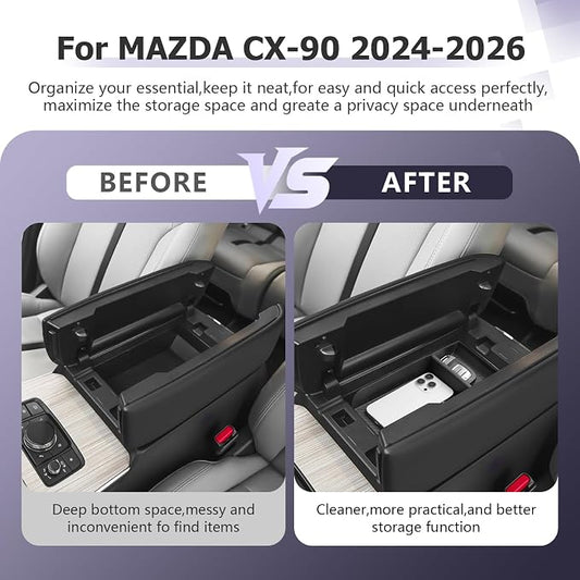 LUWU CX-90 2026 Accessories Compatible with Mazda CX90 2024 2025 2026 Center Console Organizer CX 90 Armrest Console Storage Box Insert Tray ABS Material Black Coin Container Black