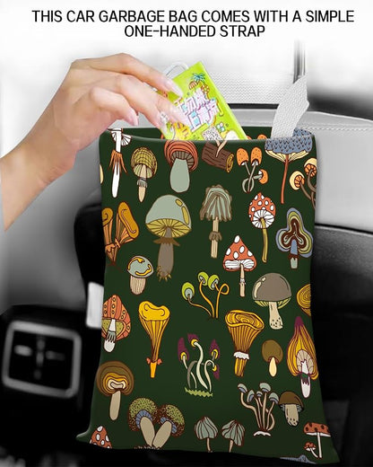 Car Garbage Can, Hanging Car Trash Can Bag for Cute Car Back Seat Organizer, Green Boho Mushrooms