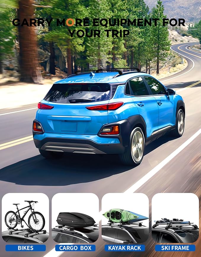Wonderdriver Roof Rack Cross Bars 300lbs Compatible with 2018-2023 Hyundai Kona & Kona N & Kona Electric with Flush Side Rails,Heavy Duty Aluminum Lockable Roof Rails Crossbars Black Rooftop Luggage