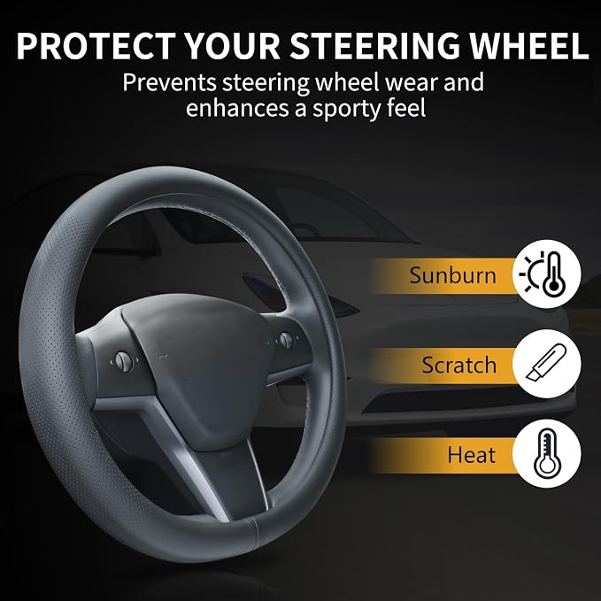 Uxcer Nappa Leather Steering Wheel Cover Compatible with Tesla Model 3/Y 2016-2025 2026 Juniper/Highland, Non-Slip Breathable Model 3/Y Steering Wheel Protector, Black