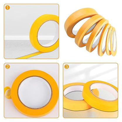 6 Rolls Fine Line Tape 1/16, 1/8, 1/5, 2/5, 1/2, 3/4 Inch x 55 Yard Fineline Masking Tape Painter Adhesive Automotive for DIY Car Auto Paint (Yellow, 1/4 Inches)