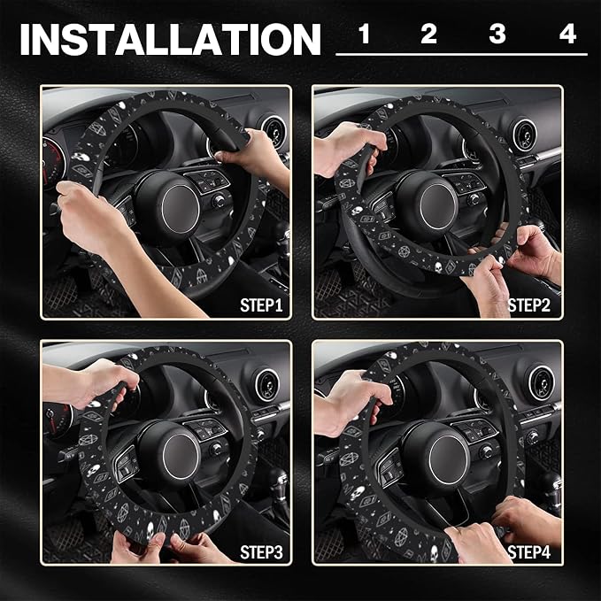 Gothic Skull Cat Steering Wheel Cover for Women, Cute Breathable Anti Slip Stretch Neoprene Car Protector Accessories Universal 15 Inch-Black (Tarot, Spell Book)